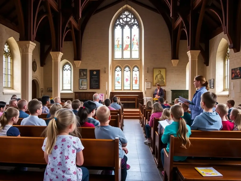 A photograph showing a group of children participating in an educational workshop inside the Saint-Aignan de Pillac church, learning about the history and significance of the building from a knowledgeable guide. The atmosphere should be engaging and interactive.