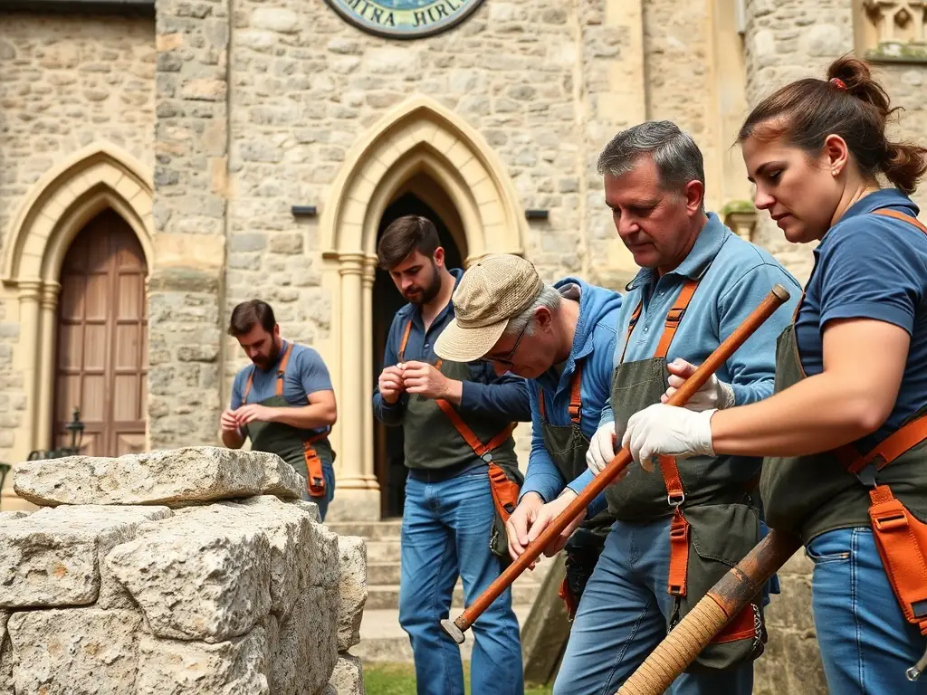 A photograph showcasing volunteers working on the exterior of the Saint-Aignan de Pillac church, carefully cleaning and repairing the stonework. The image should convey a sense of community and dedication to preserving the church's historical integrity.
