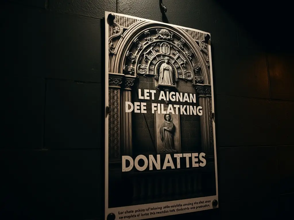 A detailed close-up shot of a fundraising campaign poster, highlighting the church's architectural details and the urgent need for restoration funds. The poster should include a clear call to action for donations.