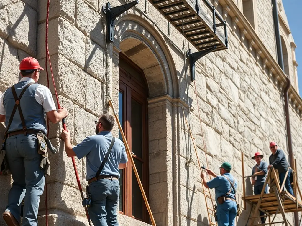 A photograph depicting volunteers working on the exterior stone walls of the Saint-Aignan de Pillac church, carefully cleaning and repairing the ancient stonework under the supervision of a professional conservationist. The image should convey a sense of dedication and meticulous craftsmanship.