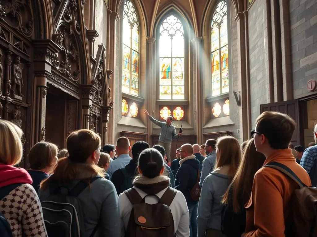 A photograph capturing a guided tour of the Saint-Aignan church, led by a knowledgeable ASESAP member, with participants listening attentively and admiring the architectural details.