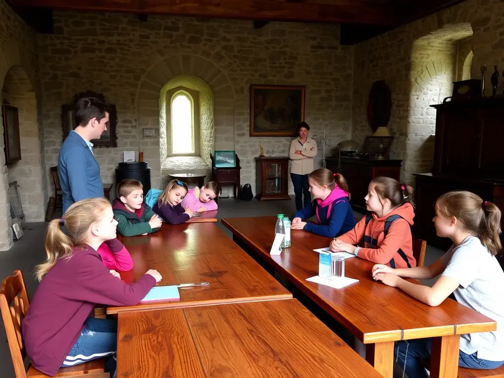 An image showing children participating in an educational workshop about the history and significance of the Saint-Aignan church, with ASESAP members facilitating the activity.