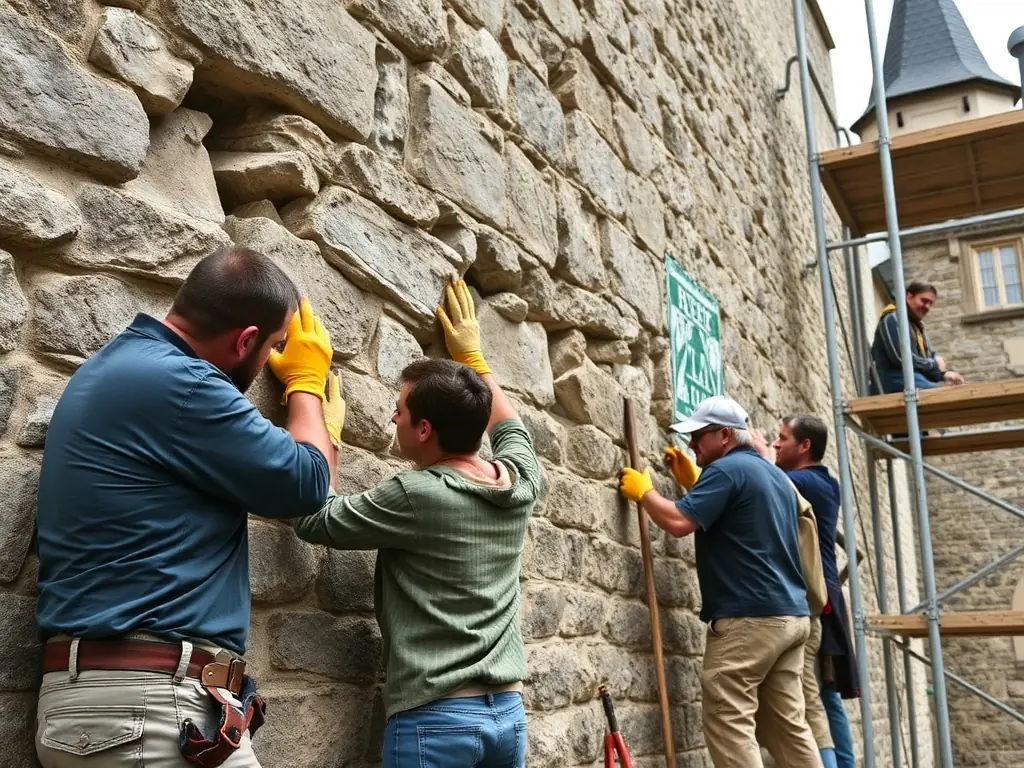 A vibrant image depicting a community event at the Saint-Aignan church, showcasing volunteers and local residents participating in a restoration activity, with the church in the background.